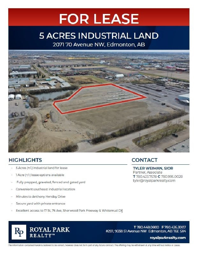 5 ACRES INDUSTRIAL LAND FOR LEASE in Edmonton,AB - Land for Sale