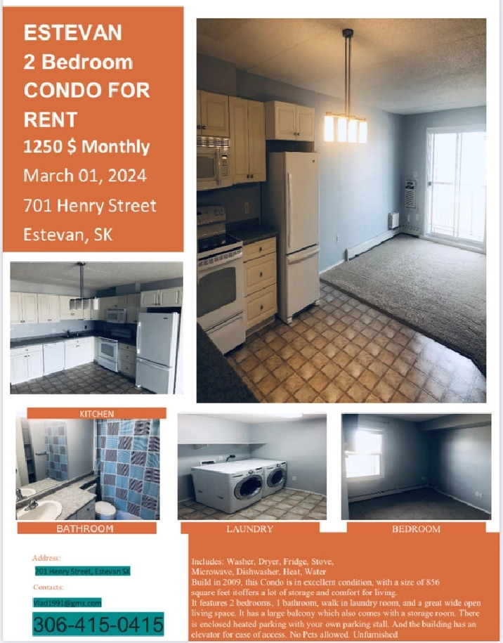 2 Bedroom Condo for rent Estevan in Regina,SK - Apartments & Condos for Rent