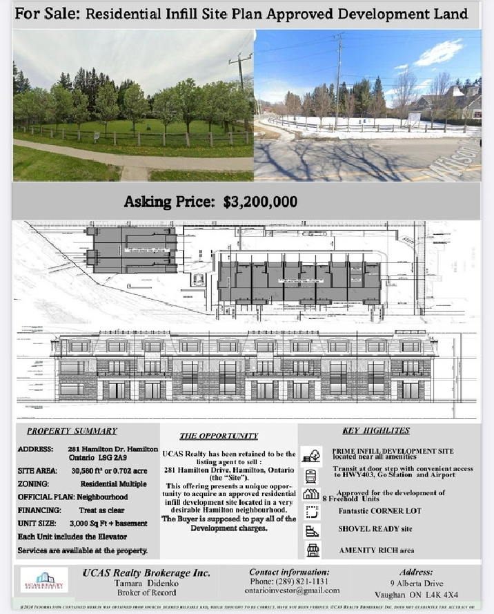 Residential Infill Site Plan Approved Development in City of Toronto,ON - Land for Sale