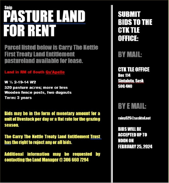 2 Pasture Land available for rent in the RM of South Qu'Appelle in Regina,SK - Land for Sale