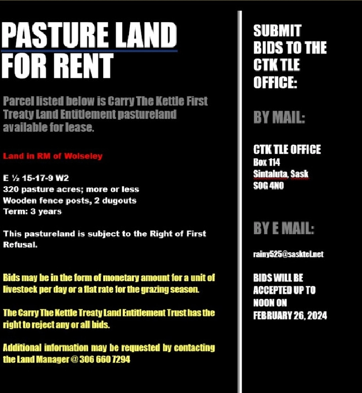 Pasture Lands available for rent in the RM of Wolseley in Regina,SK - Land for Sale