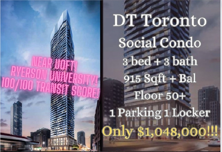 楼花转让 | Social Condo 3Bed 3Bath ONLY $1,048,000!! in City of Toronto,ON - Condos for Sale