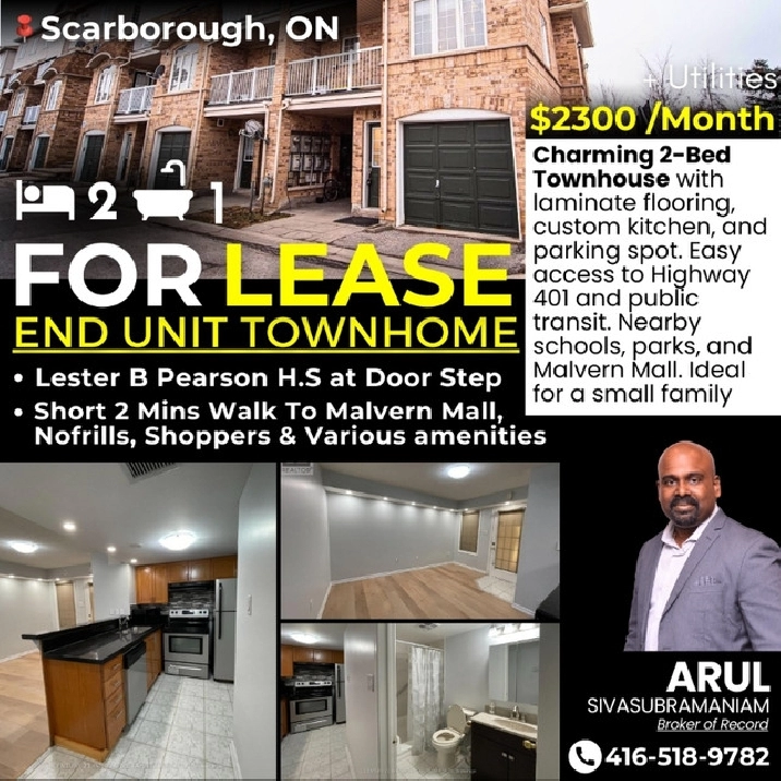 2 Bed 1 Bath Townhouse FOR LEASE in ScarboroughDiscover the charm of this end unit townhouse, located in the vibrant Malvern community in Scarborough. This property offers 2 bedrooms plus a spacious den, with elegant interiors and a touch of luxury. The k in City of Toronto,ON - Apartments & Condos for Rent
