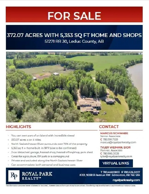 372.07 ACRES WITH 5,353 SQ FT HOME AND SHOPS FOR SALE in Edmonton,AB - Land for Sale