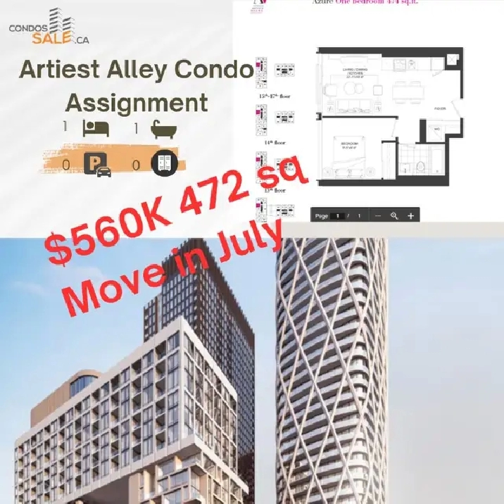 Artiest Alley Condo 1 Bed 472sq for sale ：楼花转让 in City of Toronto,ON - Condos for Sale