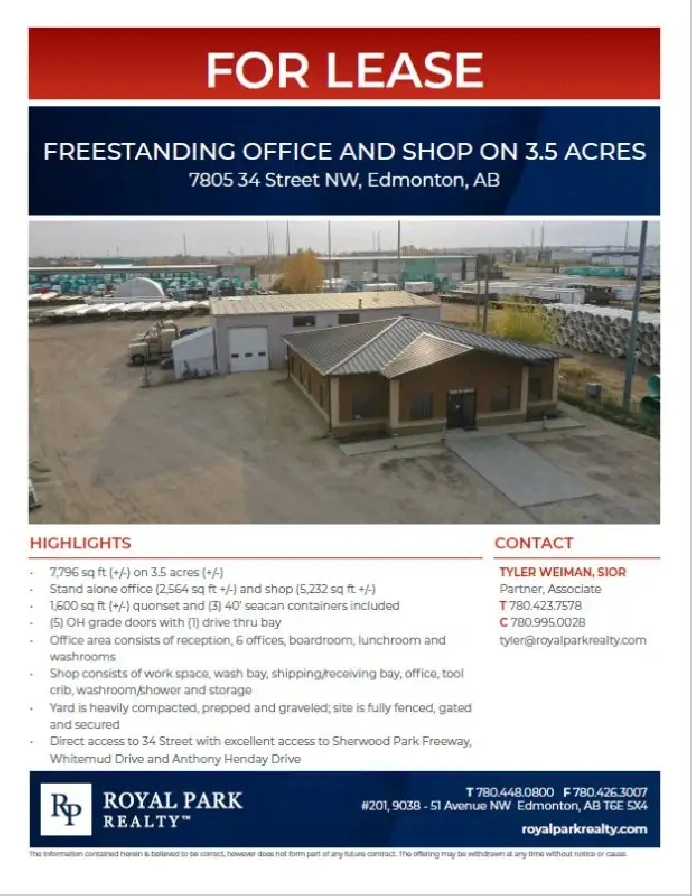 FREESTANDING OFFICE AND SHOP ON 3.5 ACRES FOR LEASE in Edmonton,AB