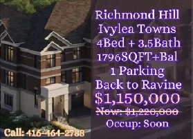 Richmond Hill Back to Ravine Ivylea Townhouse SELLING FOR $1.15M Image# 1