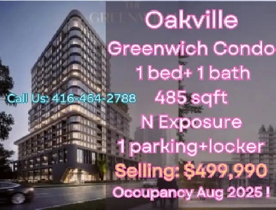 Price Drop! Oakville Greenwich Condos 1b1b $499,990 with parking Image# 1