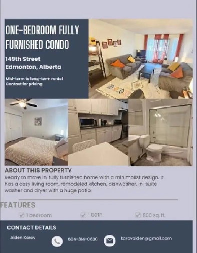 Move-In Ready 1-Bed Edmonton Condo –Furnished,Utilities Included Image# 4