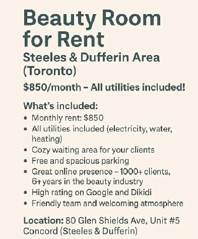Beauty Room for Rent – Steeles & Dufferin Area (Toronto) Image# 1