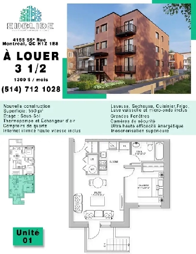 À LOUER – Beau 3 1/2 Nouvelle Construction (Unité 01) Image# 1