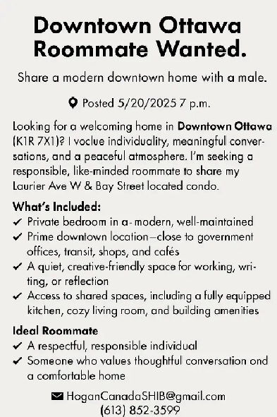 Downtown Ottawa — Male Roommate Wanted Image# 2