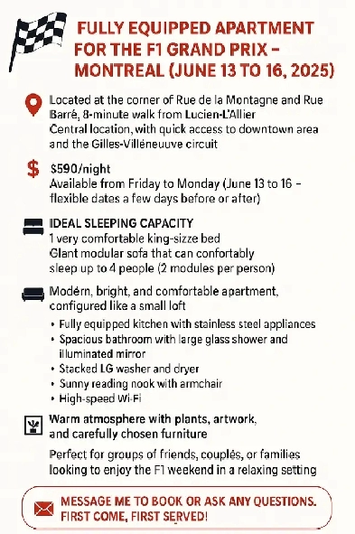 RENT/LOGEMENT Grand Prix F1 – Montréal (13 au 16 juin 2025) Image# 1