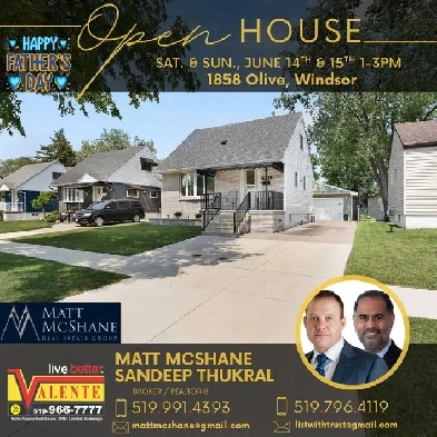 OPEN HOUSE SAT&SUN JUNE 14th&15th 1-3pm 1858 Olive, Windsor ON Image# 1