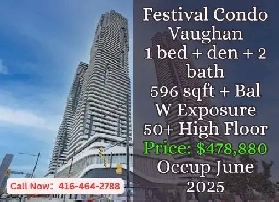 Festival Condo Vaughan | 1 Den 2 Bath | High Floor | $478,880 Image# 1
