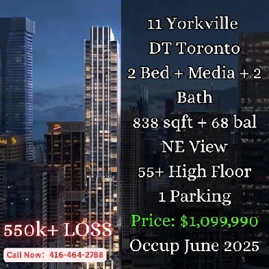 11 Yorkville | $550K  LOSS! | 2 Bed   Media | 55  High Floor Image# 1