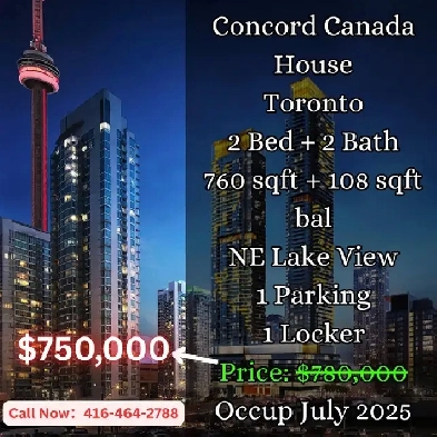 Concord Canada House | 2 Bed 2 Bath | Lake View | Only $750K! Image# 1
