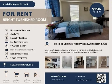 Beautiful Furnished Room for Rent in Ajax North – Ideal for One