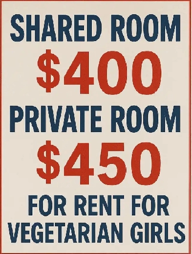 Aug 1 - Private and Shared Rooms- Vegetarian Girls / Malton $400 Image# 1
