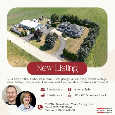 6.34 Acres in Spallumcheen, BC! 5 beds, 40x80 Shop, Income Suite Image# 1