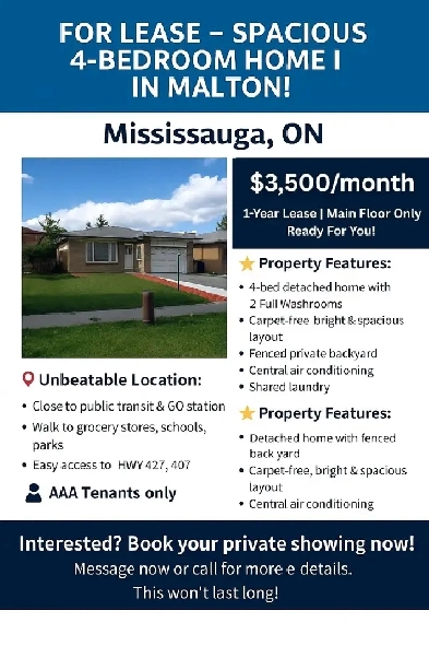 For Rent – Monica Drive, Mississauga – $3,000 per month Image# 1