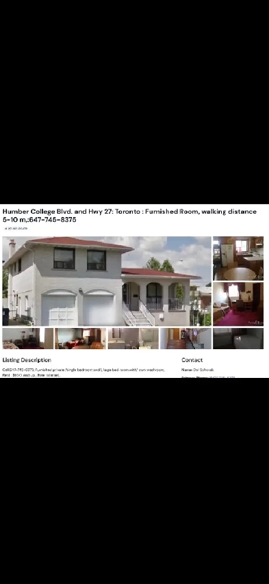 Furnished room: Humber College & hwy27 Image# 1