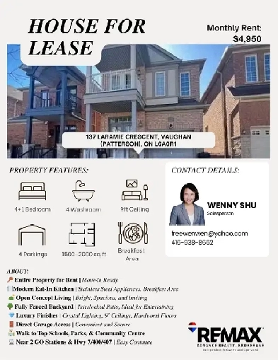 ✨ FOR LEASE in VAUGHAN – $4,950/month 137 Laramie Crescent (P Image# 1