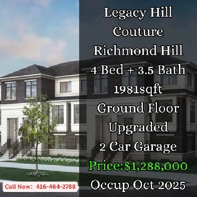 Assignment Sale – Legacy Hill Couture Townhome | Richmond Hill Image# 1