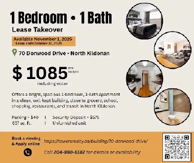 $1085 - Lease Assignment (1 BR) - North Kildonan Image# 1