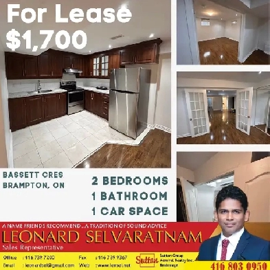 for Lease 2 bd 1 wash , parking, sep laundry $1700 Brampton Image# 1