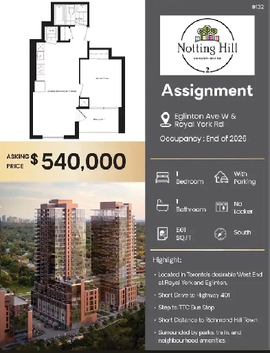 Notthing Hill Condos Etobicoke One bedroom Assignment w Parking Image# 1