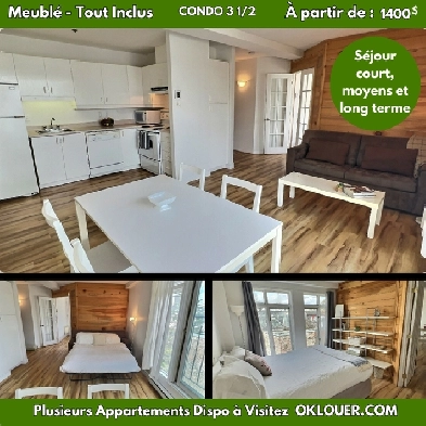 CONDO LIBRE MEUBLÉ-TOUT INCLUS 3 1/2, Montcalm St Jean Baptiste.