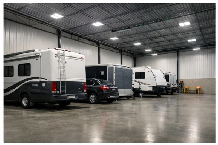 PRIVATE INDOOR RV / TRAILER STORAGE WITH WORKSHOP SPACE – 1,000