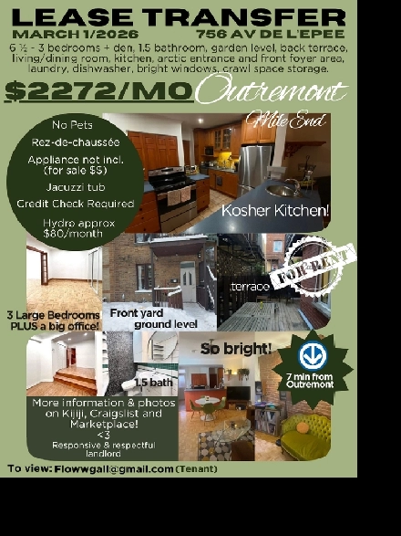 Outremont 6 12 lease transfer  kosher kitchen and jacuzzi bath