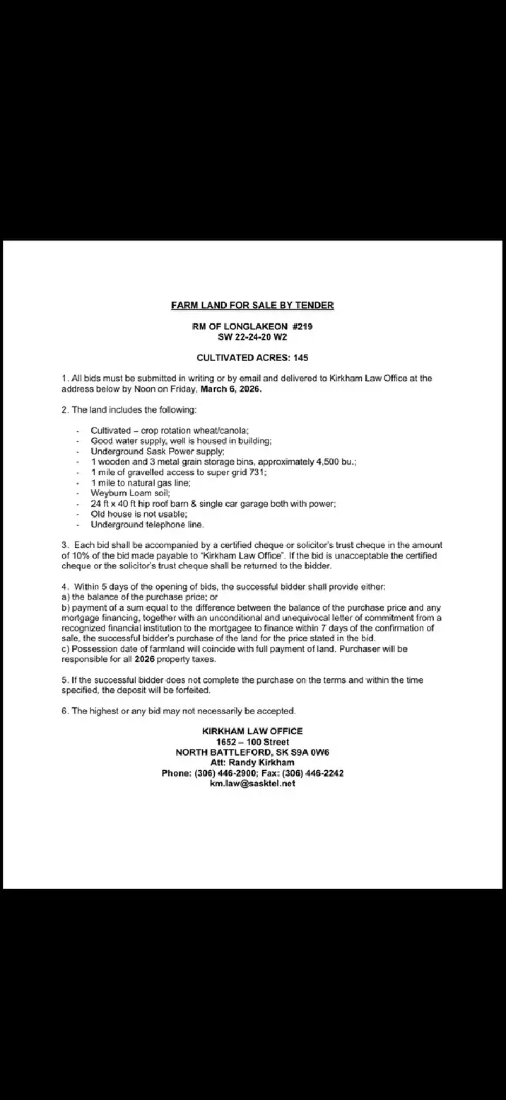 Farm land For Sale By Tender RM Longlaketon #219