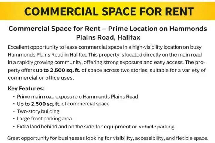 Commercial Space for Rent – Prime Loc. on Hammonds Plains rd
