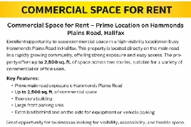 Commercial Space for Rent – Prime Loc. on Hammonds Plains rd