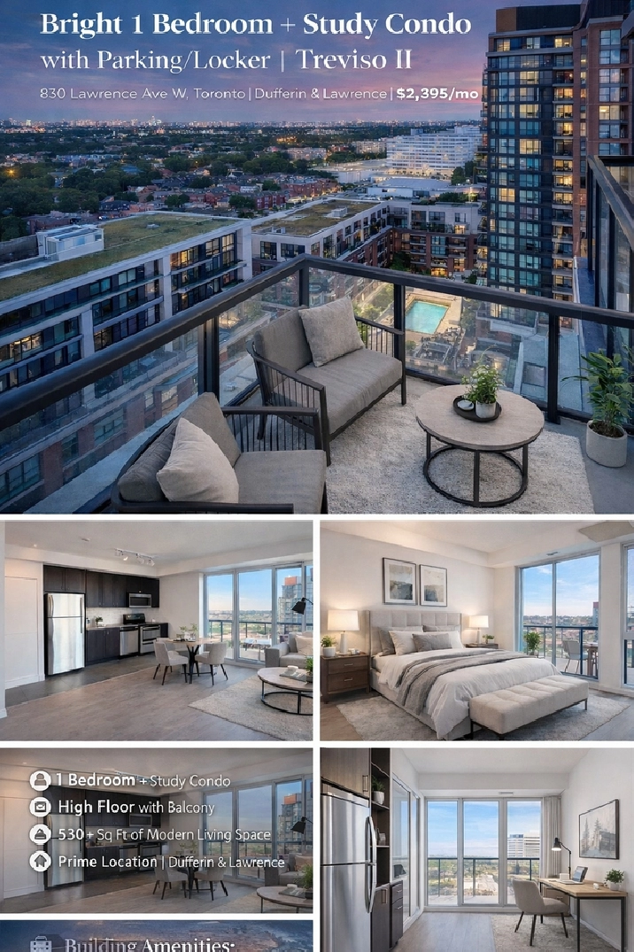 Bright 1  Den Condo w'Parking Locker| High Floor |Treviso |May 1