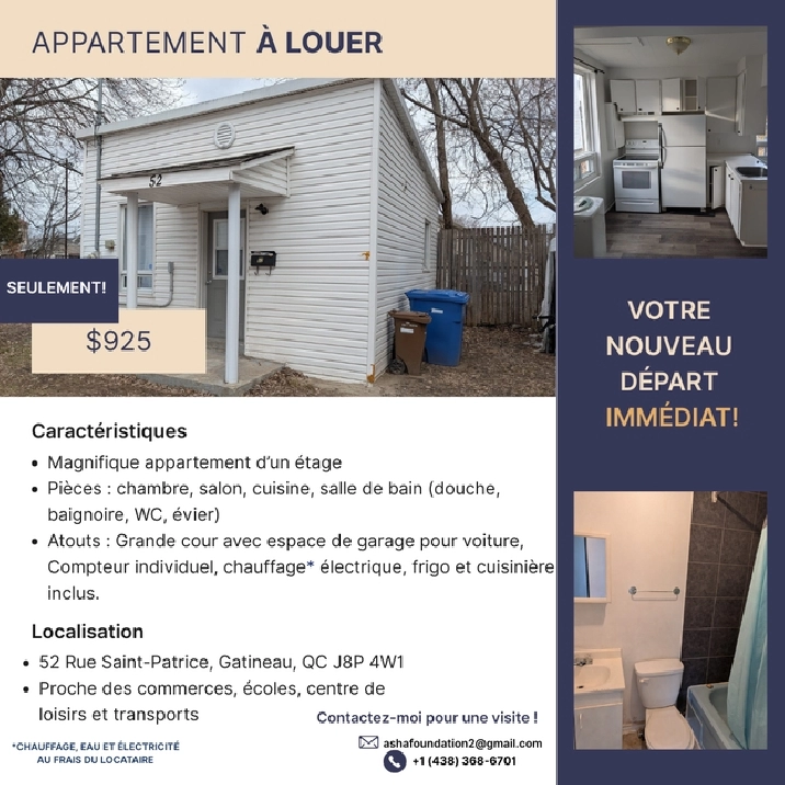 Appartement 3 et demi à Louer à Gatineau!