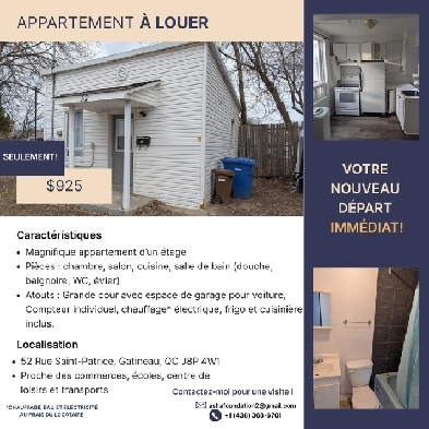 Appartement 3 et demi à Louer à Gatineau!