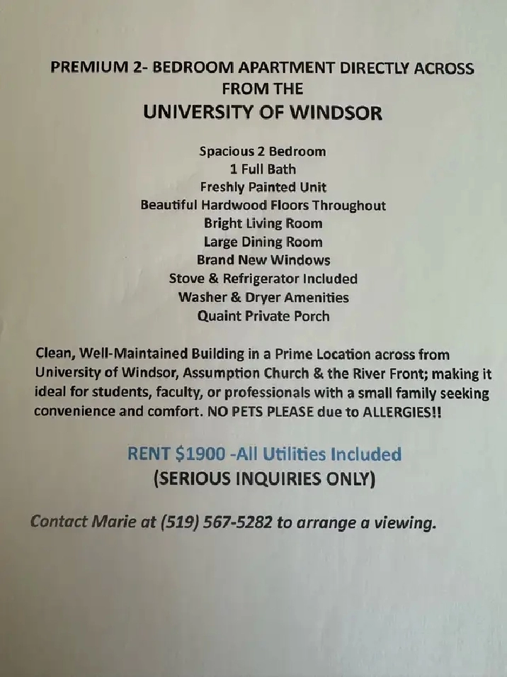 Premium Location-2 Bedroom near University of Windsor