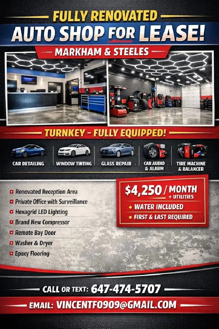 State of the Art Auto Shop for Lease – Fully Renovated