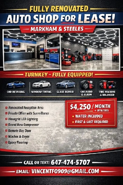 State of the Art Auto Shop for Lease – Fully Renovated