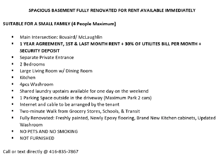 Spacious Basement Fully Renovated for Rent Available Immediately