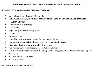 Spacious Basement Fully Renovated for Rent Available Immediately