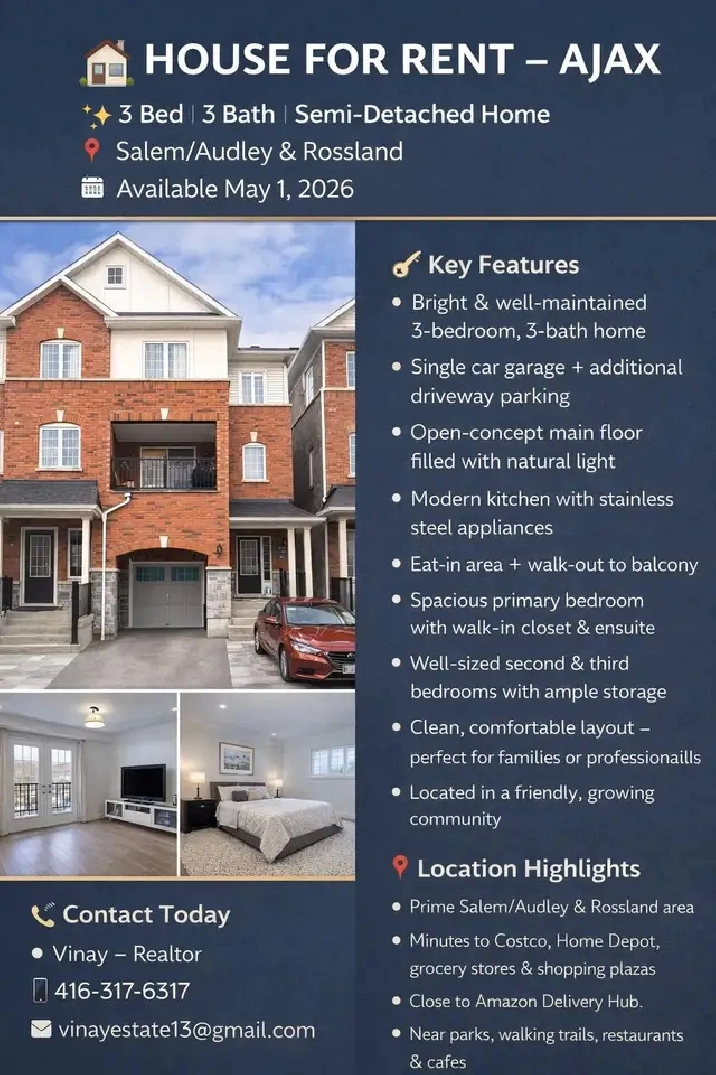 Beautiful Semi-Detached House for Rent in Ajax | 3 Parking