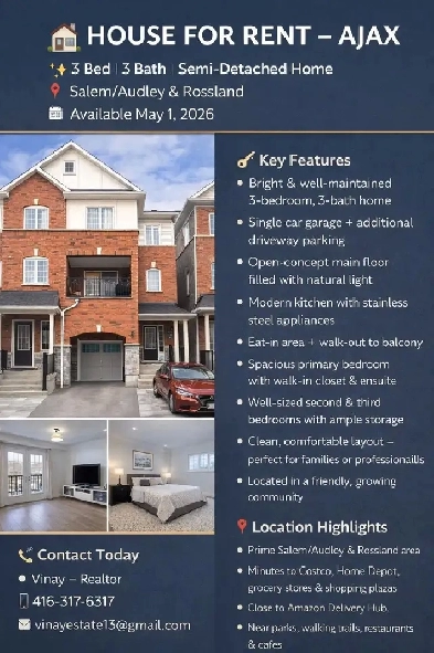 Beautiful Semi-Detached House for Rent in Ajax | 3 Parking