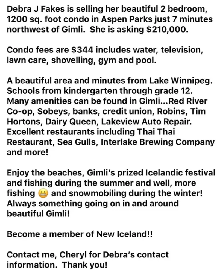 Condo for Sale- Aspen Park, near Gimli