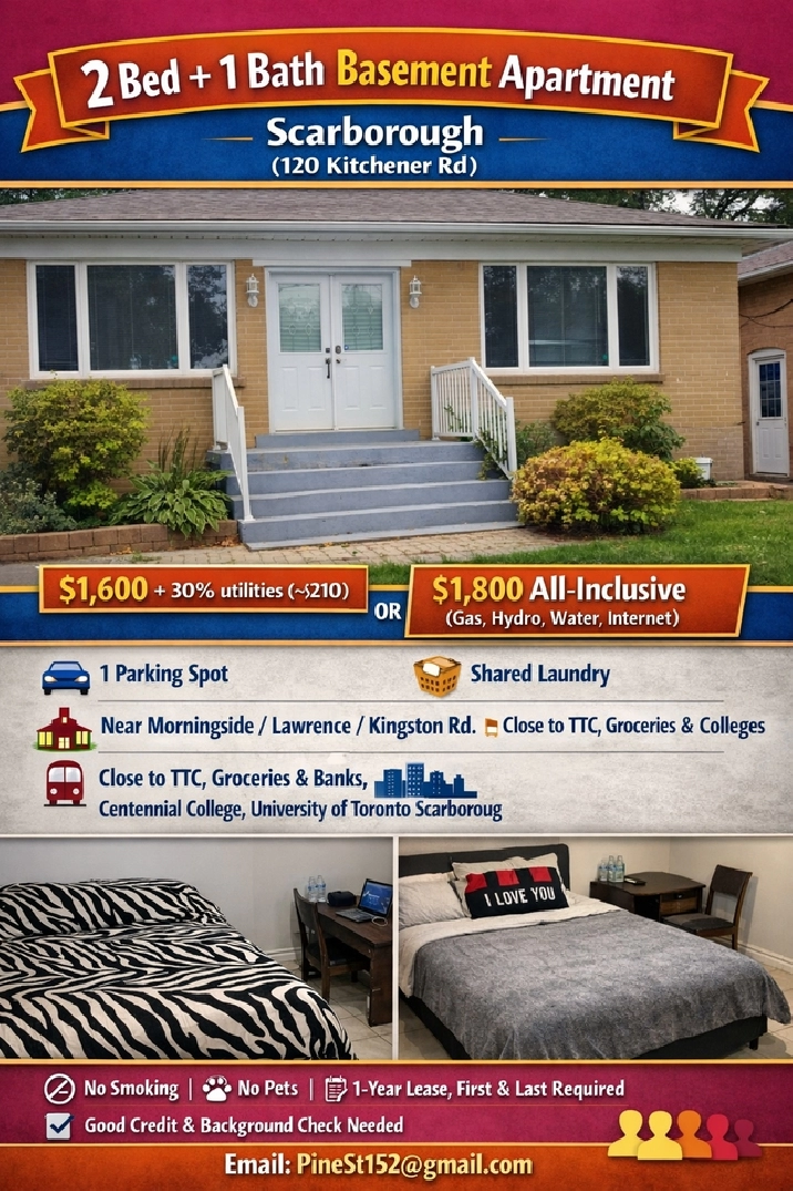Two bedroom Basement for Rent Scarborough