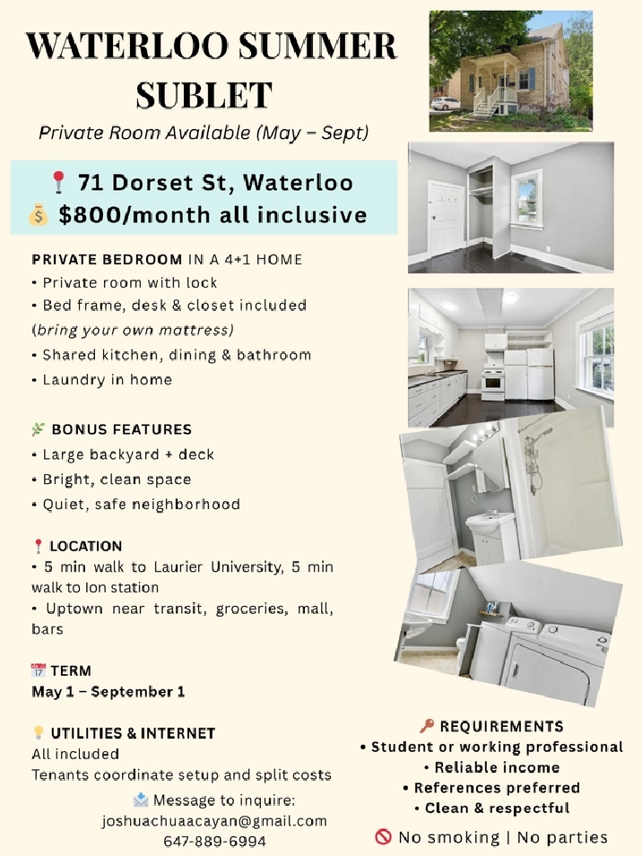 Waterloo Spring Sublet